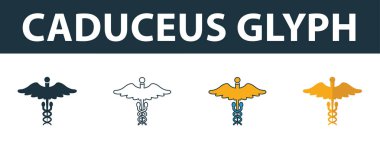 Caduceus Glyph simgesi seti. İlaç ikonları koleksiyonundan farklı stillerde dört element. Yaratıcı caduceus sembol doldurulmuş, ana hatları, renkli ve düz semboller