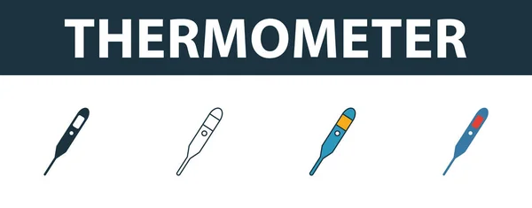 Ensemble d'icône de thermomètre. Quatre éléments dans des styles différents de la collection d'icônes de la médecine. Icônes de thermomètre créatif remplies, contour, symboles colorés et plats — Image vectorielle