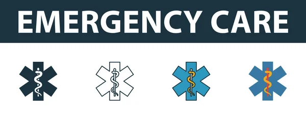 Icona di emergenza impostata. Quattro elementi in stili diversi dalla collezione di icone della medicina. Icone creative per la cura di emergenza riempite, contorno, simboli colorati e piatti — Vettoriale Stock