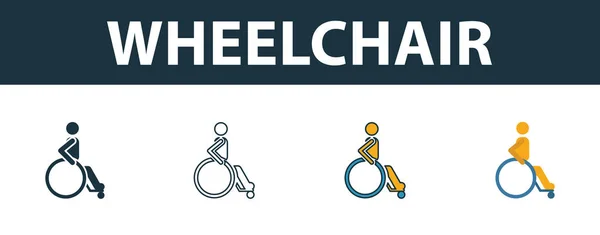 Tekerlekli sandalye ikonu hazır. İlaç ikonları koleksiyonundan farklı stillerde dört element. Yaratıcı tekerlekli sandalye simgeleri doldurulmuş, ana hatları çizilmiş, renkli ve düz semboller — Stok Vektör