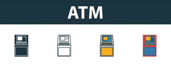 Conjunto de iconos del cajero. Cuatro elementos en estilos diferentes de la colección de iconos de dinero. Iconos creativos atm rellenos, contorno, símbolos de colores y planos — Vector de stock