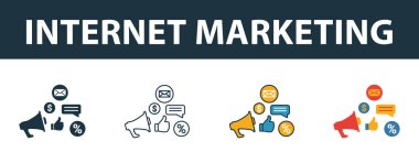 İnternet pazarlama simgesi seti. Çevrimiçi pazarlama ikonları koleksiyonundan farklı stillerde dört element. Yaratıcı internet pazarlama simgeleri doldurulmuş, ana hatlar, renkli ve düz semboller