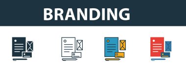 Marka simgesi seti. Çevrimiçi pazarlama ikonları koleksiyonundan farklı stillerde dört element. Yaratıcı marka simgeleri doldurulmuş, ana hatlar, renkli ve düz semboller