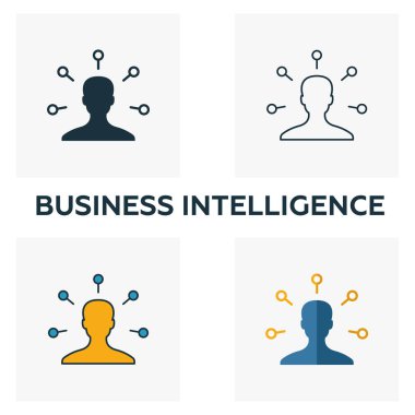 İş zekası simgesi ayarlandı. Sektör 4.0 simge koleksiyonundan farklı stillerde dört element. Yaratıcı iş zekası simgeleri doldurulmuş, ana hatlar, renkli ve düz semboller