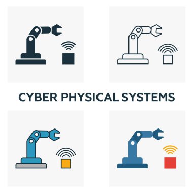 Siber Fiziksel Sistemler simgesi seti. Sektör 4.0 simge koleksiyonundan farklı stillerde dört element. Yaratıcı siber sistem simgeleri doldurulmuş, ana hatlar, renkli ve düz semboller