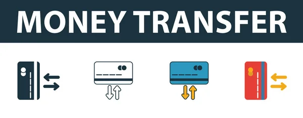 信用卡汇款图标设置. 不同风格的四个元素与货币图标集合不同。 充满创意的信用卡汇款图标、轮廓、彩色和扁平符号 — 图库矢量图片