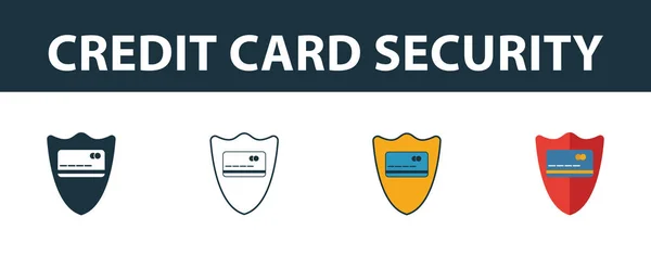 Ikona Zabezpečení kreditní karty nastavena. Čtyři prvky v různých stylech od sbírky ikon peněz. Creative kreditní karty bezpečnostní ikony vyplněné, obrys, barevné a ploché symboly — Stockový vektor