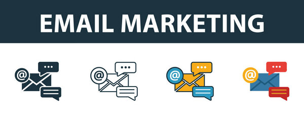 Email Marketing icon set. Four elements in diferent styles from online marketing icons collection. Creative email marketing icons filled, outline, colored and flat symbols
