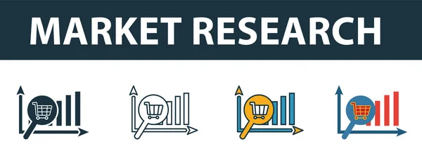 Набір піктограм дослідження ринку. Чотири елементи в різних стилях з онлайн-маркетингу колекції іконок. Креативні піктограми досліджень ринку заповнені, контурні, кольорові та плоскі символи — стоковий вектор