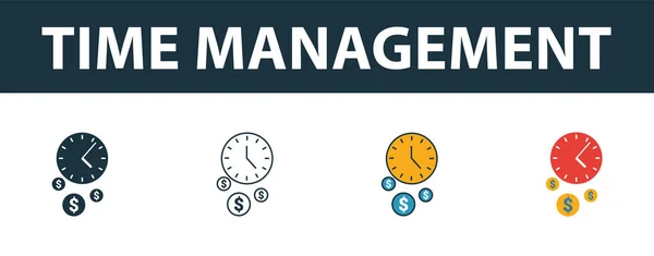 Ikona Správa času nastavena. Čtyři prvky v různých stylech od online marketingové ikony kolekce. Vyplněné ikony Creative Time Management, obrysy, barevné a ploché symboly — Stockový vektor