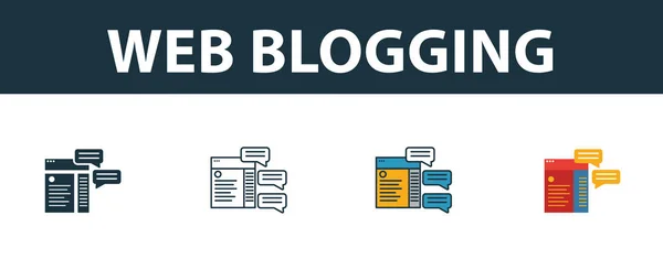 Conjunto de ícones Web Blogging. Quatro elementos em estilos diferentes da coleção de ícones de marketing online. Ícones criativo web blogging preenchido, esboço, símbolos coloridos e planas — Vetor de Stock