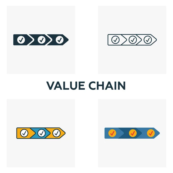 Value Chain icon set. Four elements in diferent styles from industry 4.0 icons collection. Creative value chain icons filled, outline, colored and flat symbols — 스톡 벡터