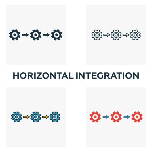 Набор значков горизонтальной интеграции. Четыре элемента в разных стилях из коллекции иконок индустрии 4.0. Иконки креативной горизонтальной интеграции заполненные, очертания, цветные и плоские символы — стоковый вектор
