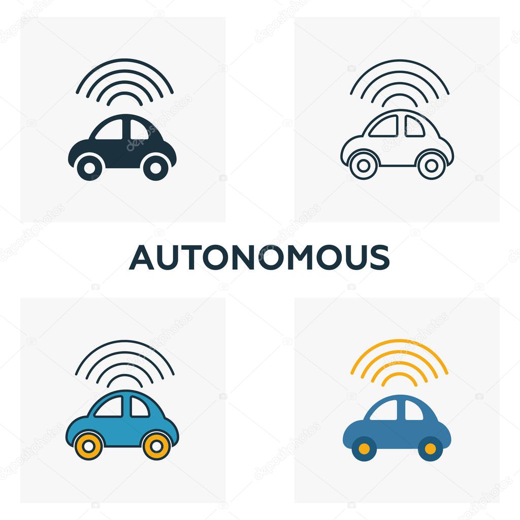 Autonomous icon set. Four elements in diferent styles from industry 4.0 icons collection. Creative autonomous icons filled, outline, colored and flat symbols