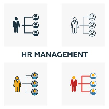 Halkla İlişkiler ikonu ayarlandı. İnsan kaynakları ikonları koleksiyonundan farklı stillerde dört element. Yaratıcı İK yönetim simgeleri doldurulmuş, ana hatlar, renkli ve düz semboller
