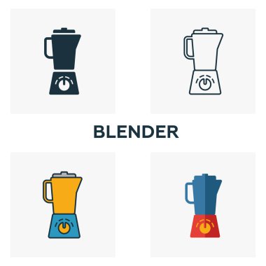 Blender simgesi seti. Ev ikonları koleksiyonundan farklı stillerde dört element. Yaratıcı karıştırıcı simgeleri doldurulmuş, ana hatlar, renkli ve düz semboller