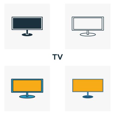 Televizyon ikonu ayarlandı. Ev ikonları koleksiyonundan farklı stillerde dört element. Yaratıcı televizyon simgeleri doldurulmuş, ana hatlar, renkli ve düz semboller