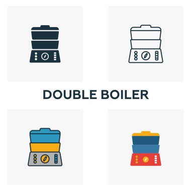İkili kazan ikonu seti. Ev ikonları koleksiyonundan farklı stillerde dört element. Yaratıcı ikili kazan simgeleri doldurulmuş, ana hatlar, renkli ve düz semboller