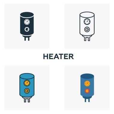 Isıtıcı ikonu ayarlandı. Ev ikonları koleksiyonundan farklı stillerde dört element. Yaratıcı ısıtıcı simgeleri doldurulmuş, ana hatlar, renkli ve düz semboller