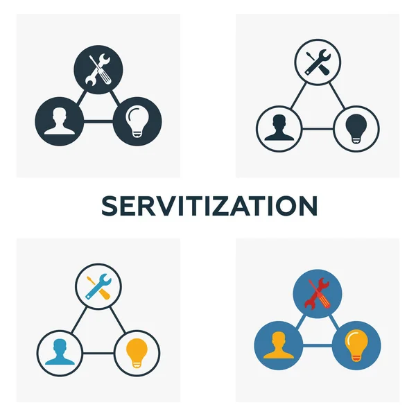 Servitisatie pictogram ingesteld. Vier elementen in verschillende stijlen uit de 4.0 iconen collectie van de industrie. Creatieve servitization pictogrammen gevuld, omtrek, gekleurde en platte symbolen — Stockvector