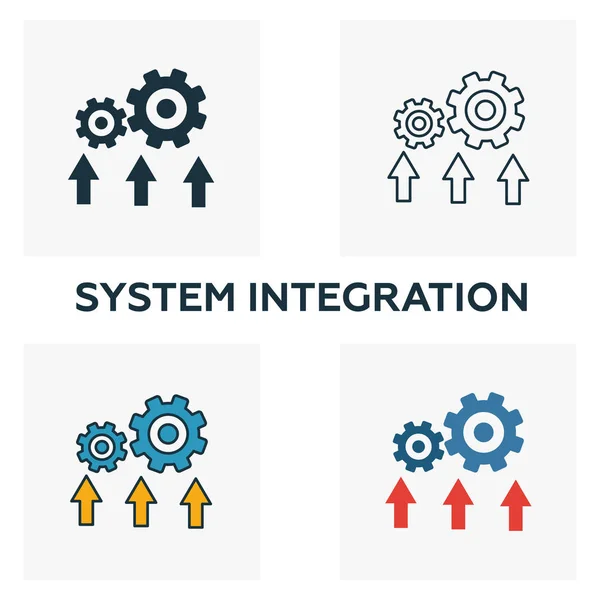 Набор значков системной интеграции. Четыре элемента в разных стилях из коллекции иконок индустрии 4.0. Иконки интеграции креативной системы заполненные, наброски, цветные и плоские символы — стоковый вектор