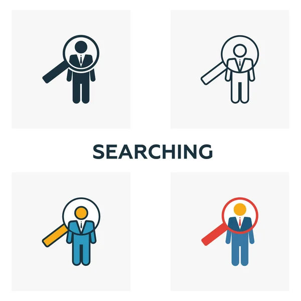 Searching icon set. Four elements in diferent styles from human resources icons collection. Creative searching icons filled, outline, colored and flat symbols — Stock Vector