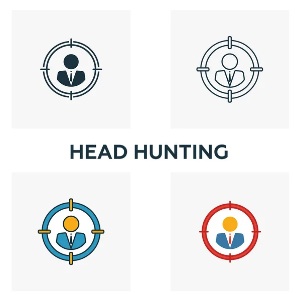 Набор значков "Охота за головой" Четыре элемента в разных стилях из коллекции икон человеческих ресурсов. Творческие головы охотничьи иконы заполнены, очертания, цветные и плоские символы — стоковый вектор