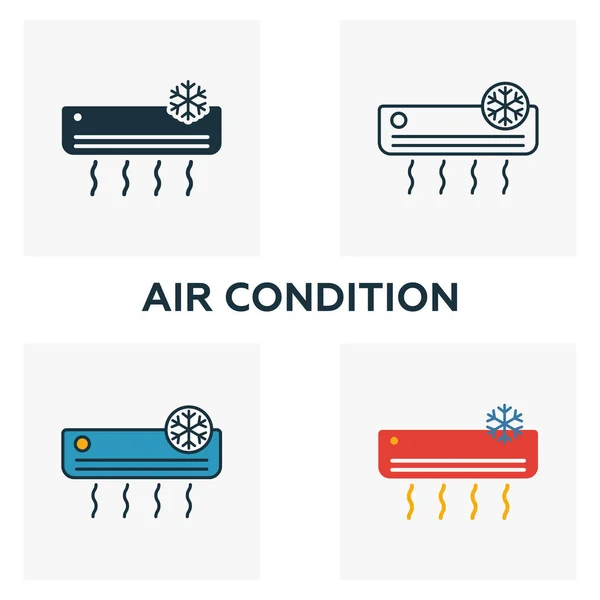 Conjunto de iconos de aire acondicionado. Cuatro elementos en estilos diferentes de la colección de iconos del hogar. Iconos de aire acondicionado creativos rellenos, contorno, símbolos de colores y planos — Vector de stock