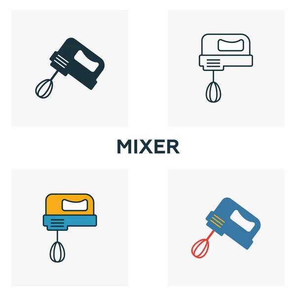 Mixer-Symbol gesetzt. vier Elemente in unterschiedlichen Stilen aus der Sammlung von Haushaltssymbolen. Kreative Mixer-Symbole gefüllt, Umrisse, farbige und flache Symbole — Stockvektor