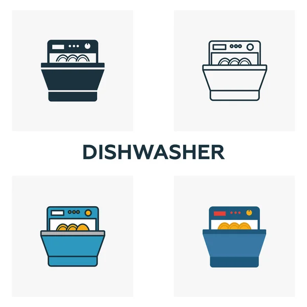 Conjunto de ícones da máquina de lavar louça. Quatro elementos em estilos diferentes da coleção de ícones domésticos. Ícones criativos da máquina de lavar louça preenchidos, esboço, símbolos coloridos e planos — Vetor de Stock