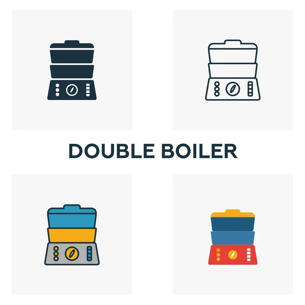 Icon Set für doppelten Boiler. vier Elemente in unterschiedlichen Stilen aus der Sammlung von Haushaltssymbolen. Kreative doppelte Boiler-Symbole gefüllt, umrissen, farbig und flach — Stockvektor