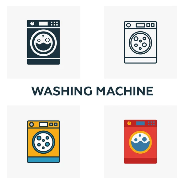 Wasmachine pictogram set. Vier elementen in verschillende stijlen van huishoudelijke pictogrammen collectie. Creatieve wasmachine pictogrammen gevuld, omtrek, gekleurde en platte symbolen — Stockvector