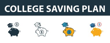 Üniversite Tasarruf Planı simgesi seti. Kişisel finans ikonları koleksiyonundan farklı stillerde dört element. Yaratıcı üniversite kaydetme planı simgeleri doldurulmuş, özet çizilmiş, renkli ve düz semboller