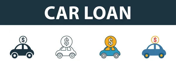 Car Loan icon set. Four elements in diferent styles from personal finance icons collection. Creative car loan icons filled, outline, colored and flat symbols — Stock Vector