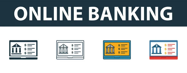 Online Banking set di icone. Quattro elementi in stili diversi dalla collezione di icone della finanza personale. Creative online banking icone riempite, contorno, simboli colorati e piatti — Vettoriale Stock