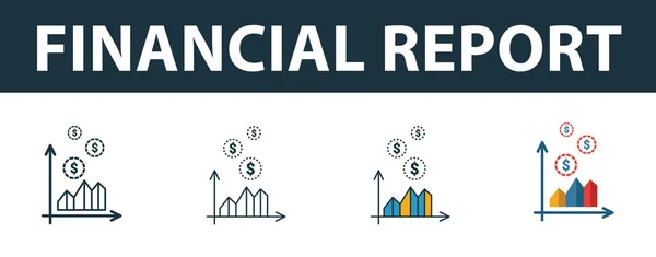 Conjunto de ícones do Relatório Financeiro. Quatro elementos em estilos diferentes da coleção de ícones de finanças pessoais. Ícones de relatório financeiro criativo preenchido, esboço, símbolos coloridos e planos —  Vetores de Stock