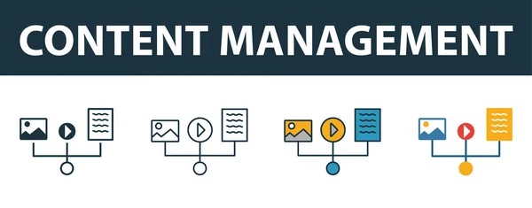 Content Management icoon set. Vier elementen in verschillende stijlen uit de collectie projectmanagement iconen. Creatief content management pictogrammen gevuld, omtrek, gekleurde en platte symbolen — Stockvector