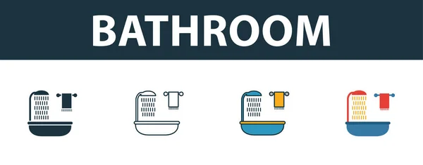 Ensemble icône salle de bains. Quatre éléments dans des styles différents de la collection d'icônes de l'immobilier. Icônes de salle de bains créatives remplies, contour, symboles colorés et plats — Image vectorielle