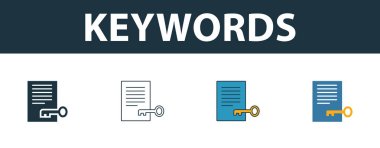 Anahtar sözcük simgesi ayarlandı. Seo simge koleksiyonundan farklı stillerde dört element. Yaratıcı anahtar sözcük simgeleri doldurulmuş, ana hatlar, renkli ve düz semboller