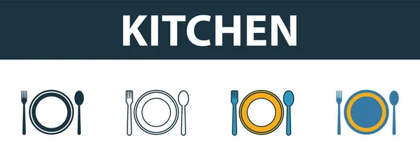 Kitchen icon set. Four elements in diferent styles from real estate icons collection. Creative kitchen icons filled, outline, colored and flat symbols — Stock Vector