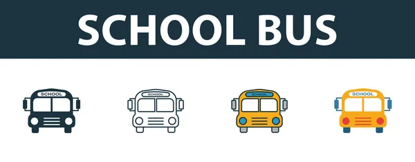 Набір значків шкільного автобуса. Чотири елементи в різних стилях зі шкільної колекції іконок. Креативні піктограми шкільних автобусів заповнені, контурні, кольорові та плоскі символи — стоковий вектор
