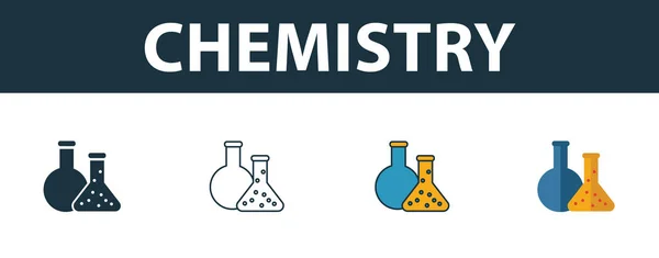 Set di icone di chimica. Quattro elementi in stili diversi dalla collezione di icone scolastiche. Icone di chimica creativa riempite, contorno, simboli colorati e piatti — Vettoriale Stock
