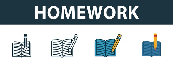 Homework icon set. Four elements in diferent styles from school icons collection. Creative homework icons filled, outline, colored and flat symbols — Stock Vector