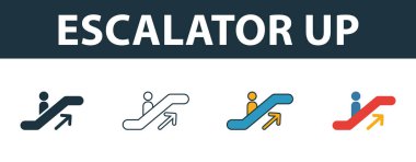 Yürüyen Merdiven Yukarı simgesi. Alışveriş merkezi tabela simgeleri koleksiyonundan ince çizgi anahat stili. Tasarım, uygulamalar, yazılım ve daha fazlası için premium yürüyen merdiven yukarı simgesi