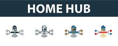 Ev İnbot simgesi seti. Akıllı ev simgeleri koleksiyonundan farklı stillerde dört basit sembol. Yaratıcı ev merkezi simgeleri doldurulmuş, ana hatlar, renkli ve düz semboller