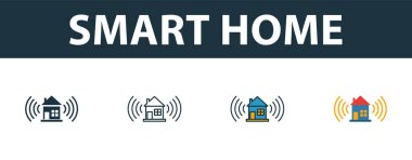 Akıllı Ev simgesi seti. Akıllı ev simgeleri koleksiyonundan farklı stillerde dört basit sembol. Yaratıcı akıllı ev simgeleri doldurulmuş, ana hatlar, renkli ve düz semboller