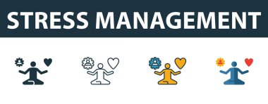 Stres Yönetimi simgesi ayarlandı. Yumuşak beceri simgeleri koleksiyonundan farklı stillerde dört basit sembol. Yaratıcı stres yönetimi simgeleri doldurulmuş, ana hatlar, renkli ve düz semboller