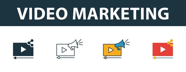 Conjunto de ícones de marketing de vídeo. Quatro símbolos simples em estilos diferentes da coleção de ícones smm. Ícones de marketing de vídeo criativo preenchido, esboço, símbolos coloridos e planos — Vetor de Stock