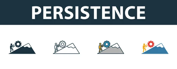 Ensemble d'icônes de persistance. Quatre symboles simples dans des styles différents de la collection d'icônes soft skills. Icônes de persistance créative remplies, contour, symboles colorés et plats — Image vectorielle