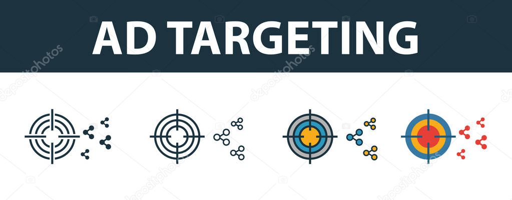 Ad Targeting icon set. Four elements in diferent styles from smm icons collection. Creative ad targeting icons filled, outline, colored and flat symbols.